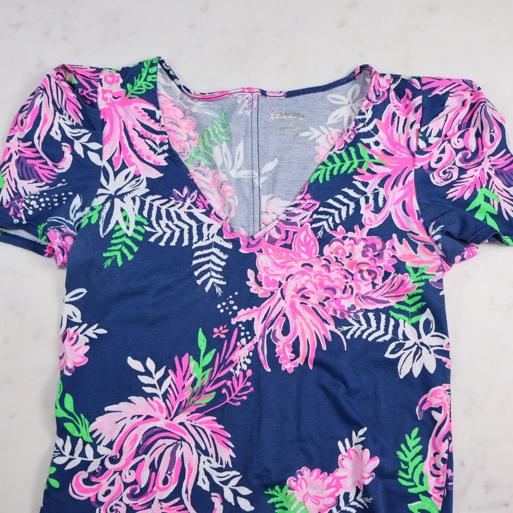 Lilly Pulitzer Navy Blue Floral Pima Cotton V-Neck Short Sleeve Dress Small